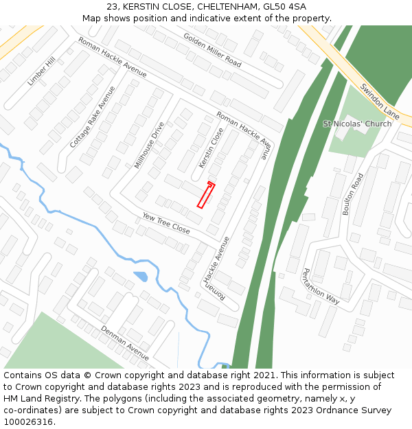 23, KERSTIN CLOSE, CHELTENHAM, GL50 4SA: Location map and indicative extent of plot