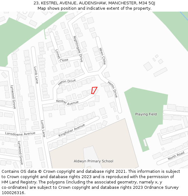 23, KESTREL AVENUE, AUDENSHAW, MANCHESTER, M34 5QJ: Location map and indicative extent of plot