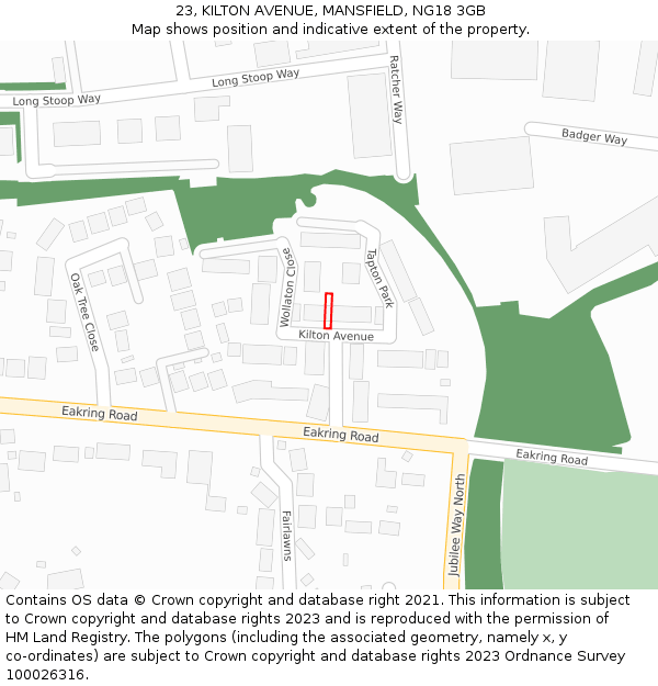 23, KILTON AVENUE, MANSFIELD, NG18 3GB: Location map and indicative extent of plot