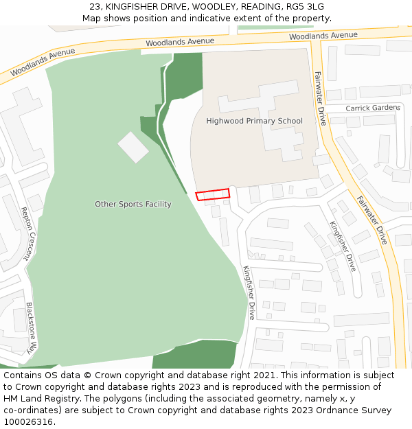 23, KINGFISHER DRIVE, WOODLEY, READING, RG5 3LG: Location map and indicative extent of plot