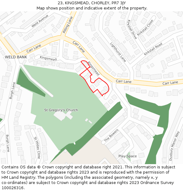 23, KINGSMEAD, CHORLEY, PR7 3JY: Location map and indicative extent of plot