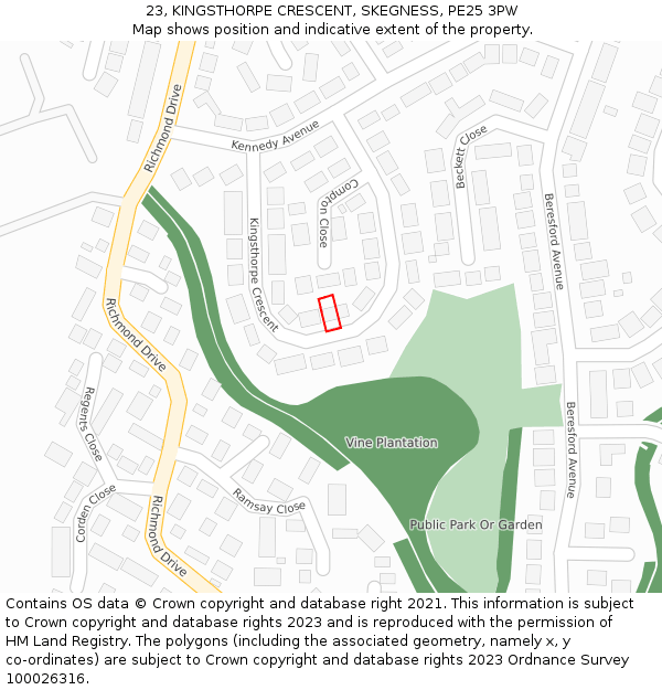 23, KINGSTHORPE CRESCENT, SKEGNESS, PE25 3PW: Location map and indicative extent of plot