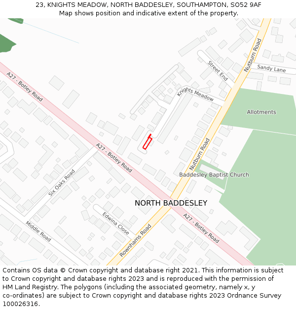 23, KNIGHTS MEADOW, NORTH BADDESLEY, SOUTHAMPTON, SO52 9AF: Location map and indicative extent of plot