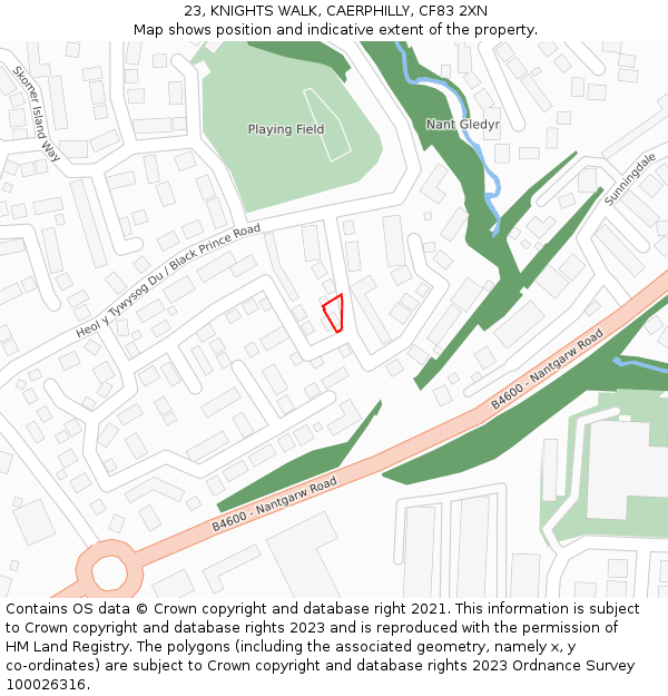 23, KNIGHTS WALK, CAERPHILLY, CF83 2XN: Location map and indicative extent of plot