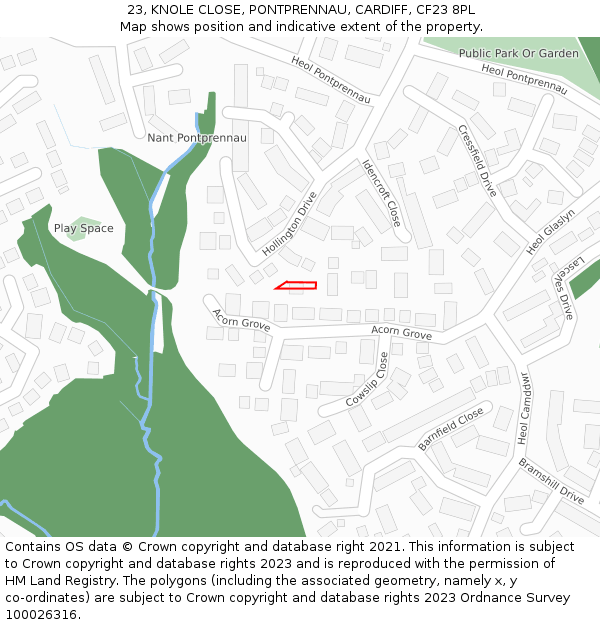 23, KNOLE CLOSE, PONTPRENNAU, CARDIFF, CF23 8PL: Location map and indicative extent of plot