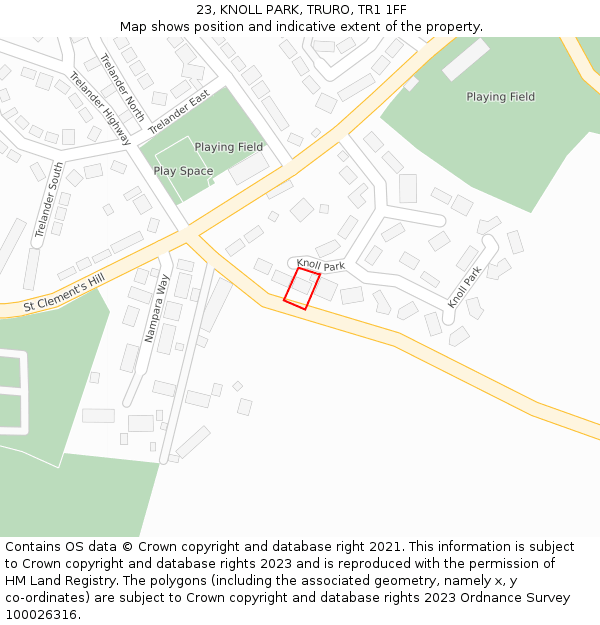 23, KNOLL PARK, TRURO, TR1 1FF: Location map and indicative extent of plot