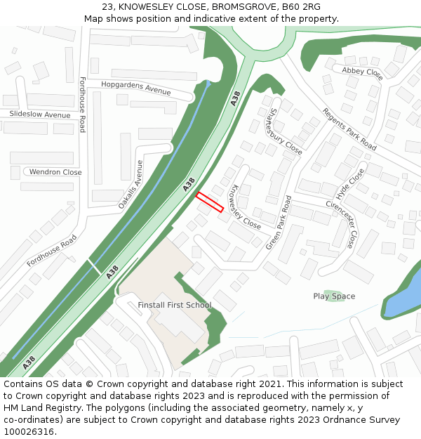 23, KNOWESLEY CLOSE, BROMSGROVE, B60 2RG: Location map and indicative extent of plot