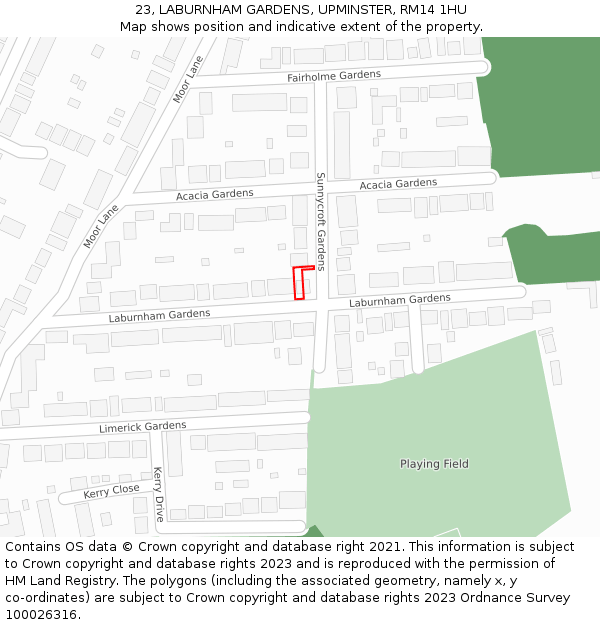 23, LABURNHAM GARDENS, UPMINSTER, RM14 1HU: Location map and indicative extent of plot
