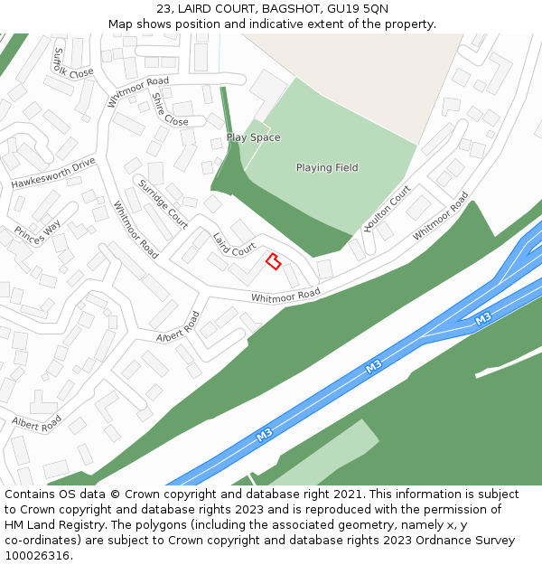 23, LAIRD COURT, BAGSHOT, GU19 5QN: Location map and indicative extent of plot