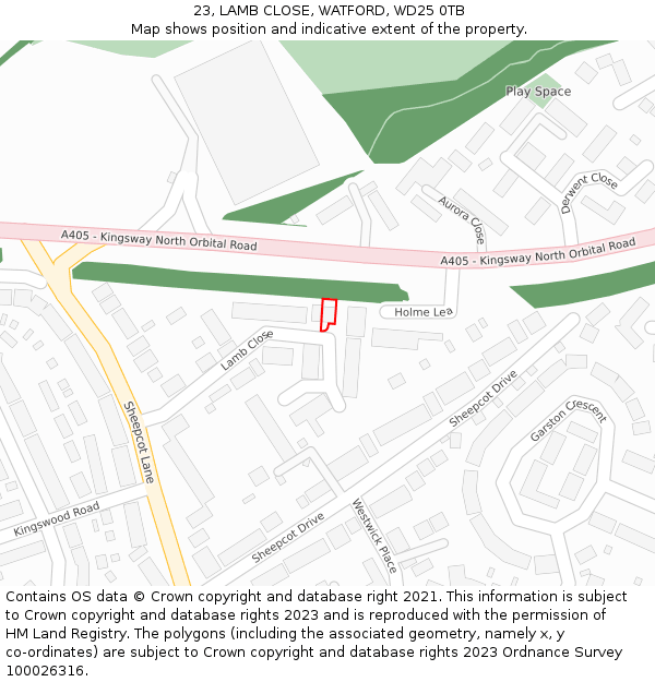 23, LAMB CLOSE, WATFORD, WD25 0TB: Location map and indicative extent of plot