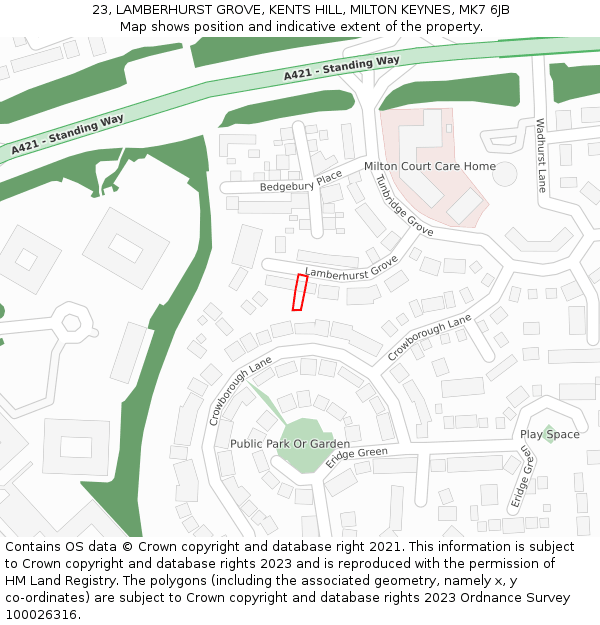 23, LAMBERHURST GROVE, KENTS HILL, MILTON KEYNES, MK7 6JB: Location map and indicative extent of plot