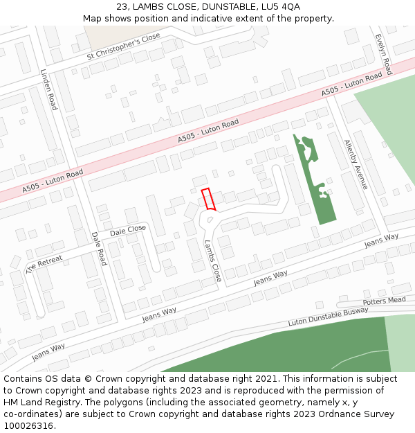 23, LAMBS CLOSE, DUNSTABLE, LU5 4QA: Location map and indicative extent of plot