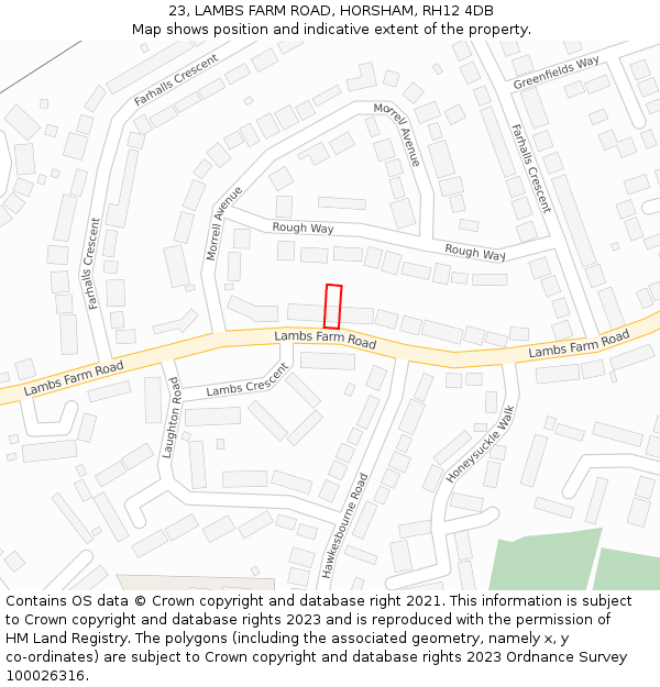 23, LAMBS FARM ROAD, HORSHAM, RH12 4DB: Location map and indicative extent of plot