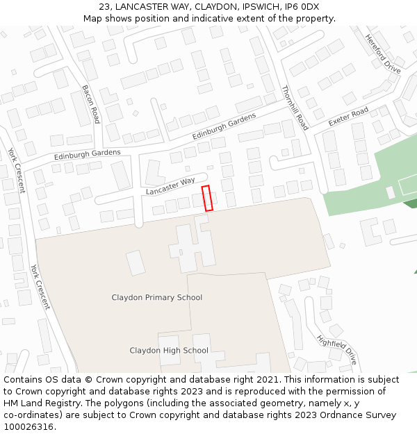 23, LANCASTER WAY, CLAYDON, IPSWICH, IP6 0DX: Location map and indicative extent of plot