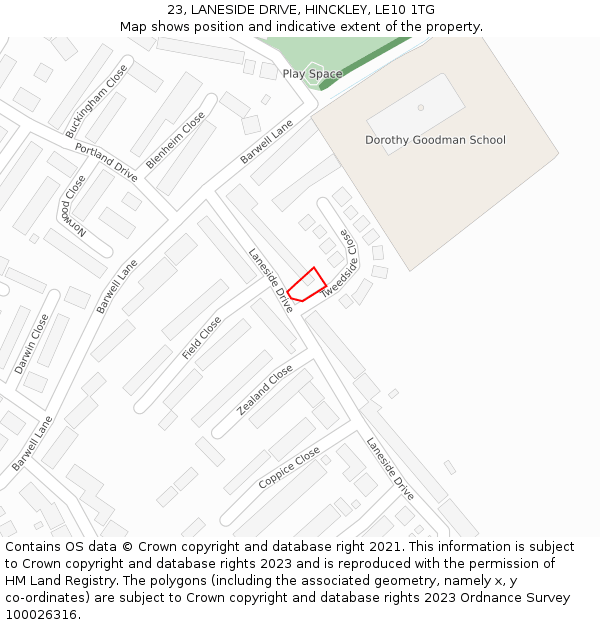 23, LANESIDE DRIVE, HINCKLEY, LE10 1TG: Location map and indicative extent of plot