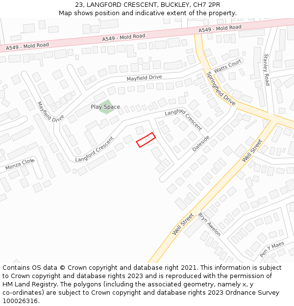 23, LANGFORD CRESCENT, BUCKLEY, CH7 2PR: Location map and indicative extent of plot