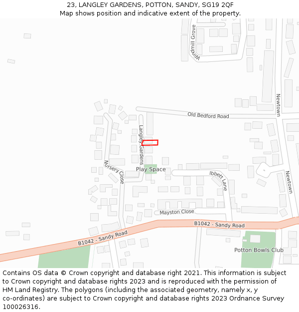 23, LANGLEY GARDENS, POTTON, SANDY, SG19 2QF: Location map and indicative extent of plot