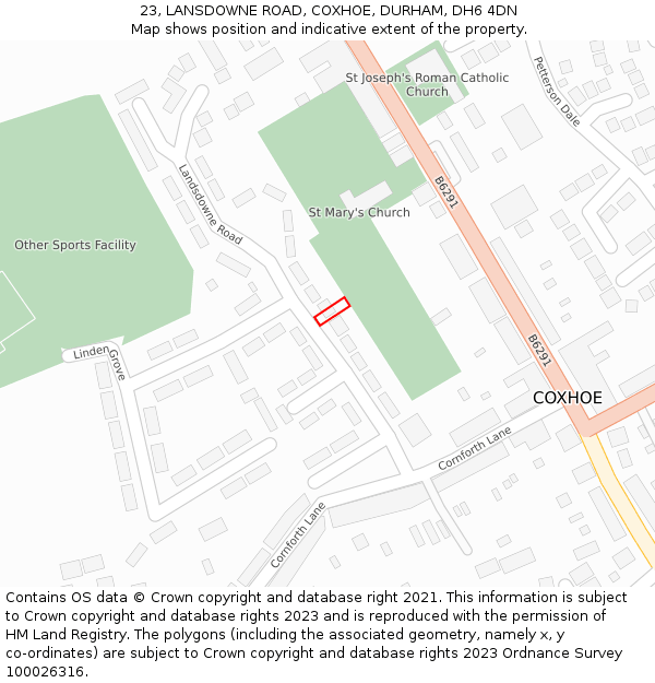 23, LANSDOWNE ROAD, COXHOE, DURHAM, DH6 4DN: Location map and indicative extent of plot