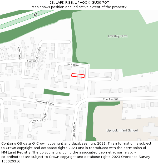 23, LARK RISE, LIPHOOK, GU30 7QT: Location map and indicative extent of plot