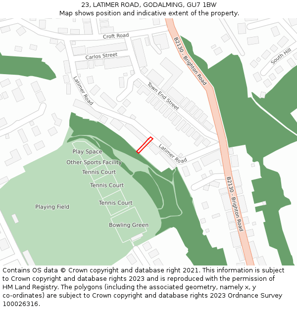 23, LATIMER ROAD, GODALMING, GU7 1BW: Location map and indicative extent of plot