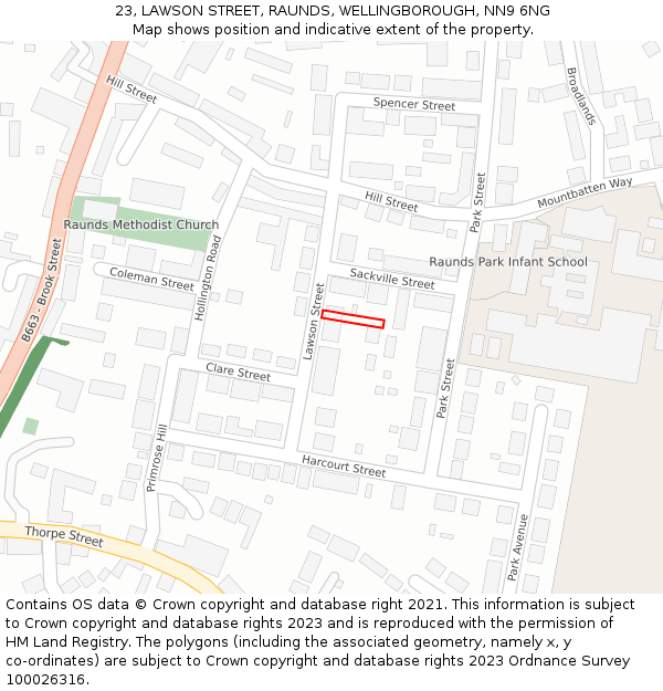 23, LAWSON STREET, RAUNDS, WELLINGBOROUGH, NN9 6NG: Location map and indicative extent of plot