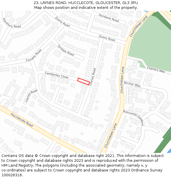 23, LAYNES ROAD, HUCCLECOTE, GLOUCESTER, GL3 3PU: Location map and indicative extent of plot