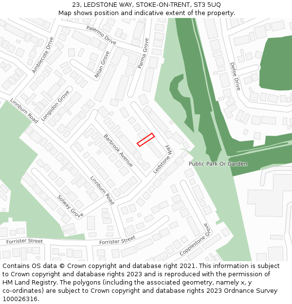 23, LEDSTONE WAY, STOKE-ON-TRENT, ST3 5UQ: Location map and indicative extent of plot