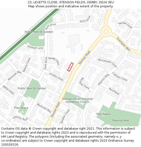 23, LEVETTS CLOSE, STENSON FIELDS, DERBY, DE24 3EU: Location map and indicative extent of plot