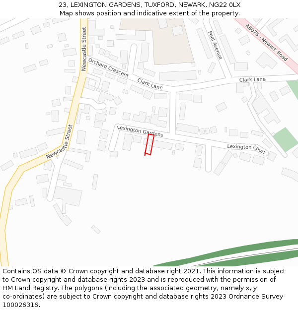 23, LEXINGTON GARDENS, TUXFORD, NEWARK, NG22 0LX: Location map and indicative extent of plot