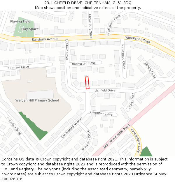 23, LICHFIELD DRIVE, CHELTENHAM, GL51 3DQ: Location map and indicative extent of plot