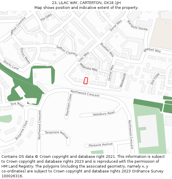 23, LILAC WAY, CARTERTON, OX18 1JH: Location map and indicative extent of plot