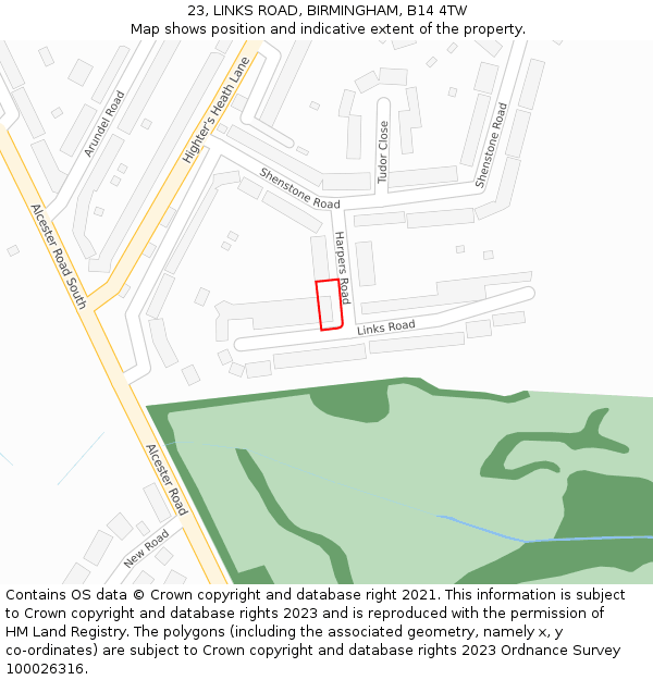 23, LINKS ROAD, BIRMINGHAM, B14 4TW: Location map and indicative extent of plot