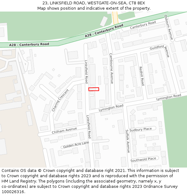 23, LINKSFIELD ROAD, WESTGATE-ON-SEA, CT8 8EX: Location map and indicative extent of plot