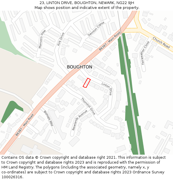 23, LINTON DRIVE, BOUGHTON, NEWARK, NG22 9JH: Location map and indicative extent of plot