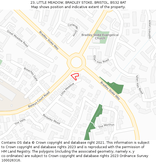 23, LITTLE MEADOW, BRADLEY STOKE, BRISTOL, BS32 8AT: Location map and indicative extent of plot