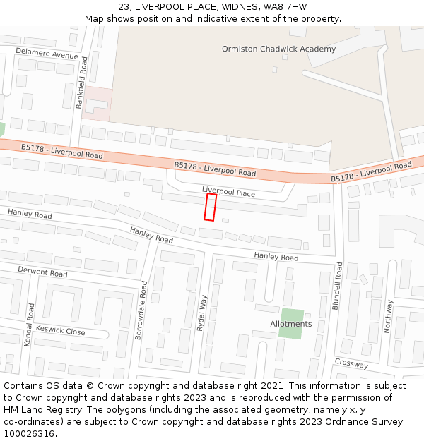 23, LIVERPOOL PLACE, WIDNES, WA8 7HW: Location map and indicative extent of plot