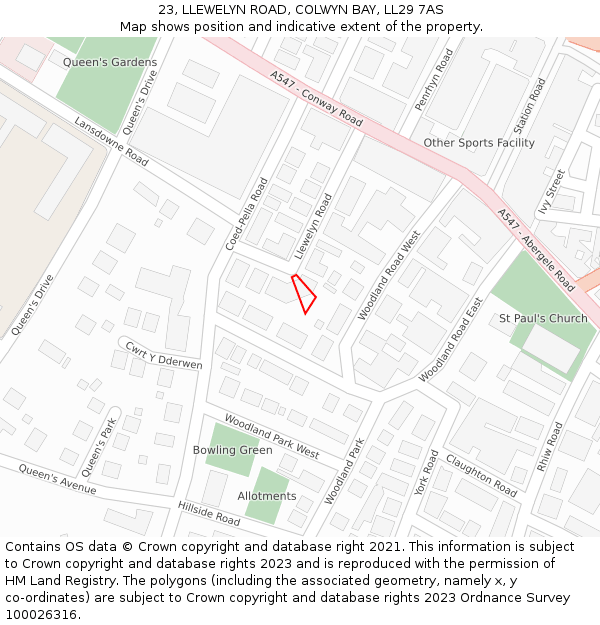 23, LLEWELYN ROAD, COLWYN BAY, LL29 7AS: Location map and indicative extent of plot