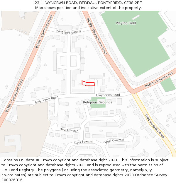 23, LLWYNCRWN ROAD, BEDDAU, PONTYPRIDD, CF38 2BE: Location map and indicative extent of plot