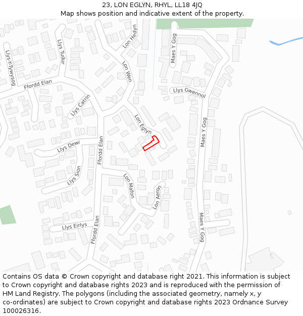 23, LON EGLYN, RHYL, LL18 4JQ: Location map and indicative extent of plot