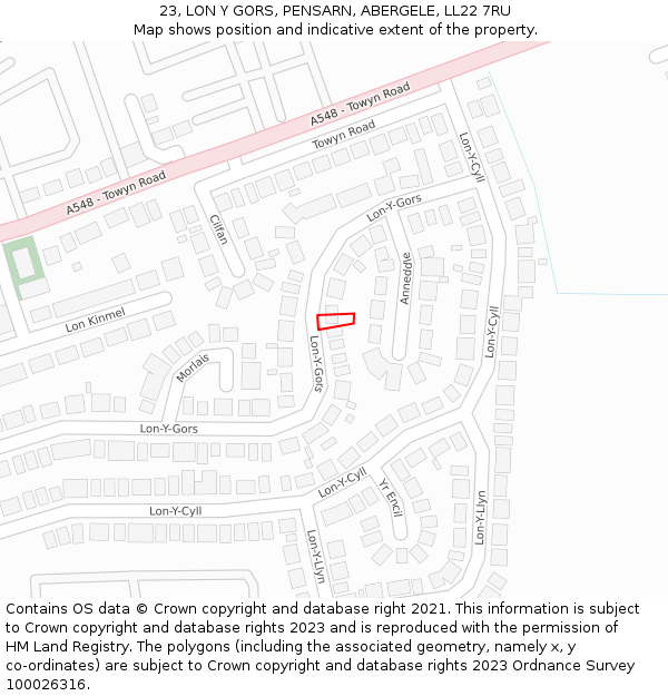 23, LON Y GORS, PENSARN, ABERGELE, LL22 7RU: Location map and indicative extent of plot