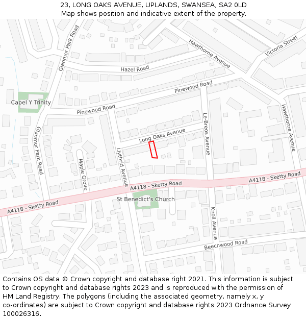 23, LONG OAKS AVENUE, UPLANDS, SWANSEA, SA2 0LD: Location map and indicative extent of plot