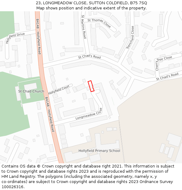 23, LONGMEADOW CLOSE, SUTTON COLDFIELD, B75 7SQ: Location map and indicative extent of plot