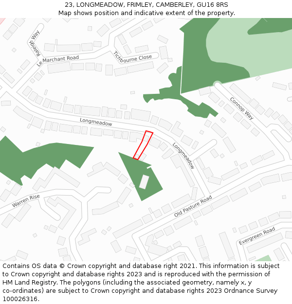 23, LONGMEADOW, FRIMLEY, CAMBERLEY, GU16 8RS: Location map and indicative extent of plot