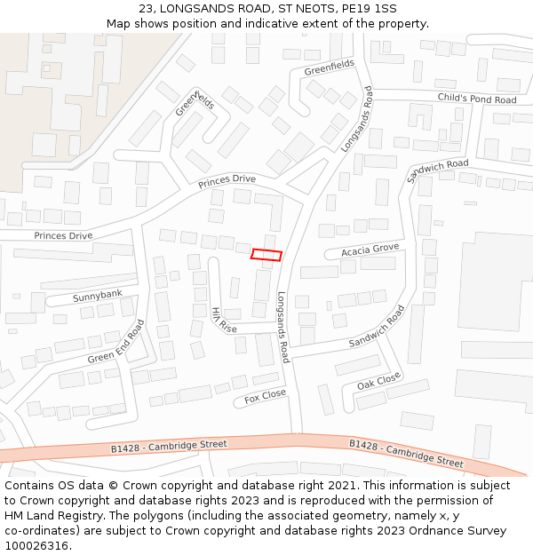23, LONGSANDS ROAD, ST NEOTS, PE19 1SS: Location map and indicative extent of plot