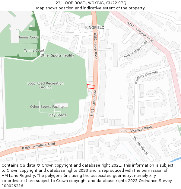 23, LOOP ROAD, WOKING, GU22 9BQ: Location map and indicative extent of plot