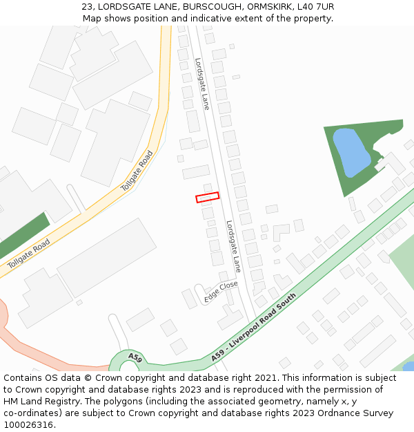 23, LORDSGATE LANE, BURSCOUGH, ORMSKIRK, L40 7UR: Location map and indicative extent of plot