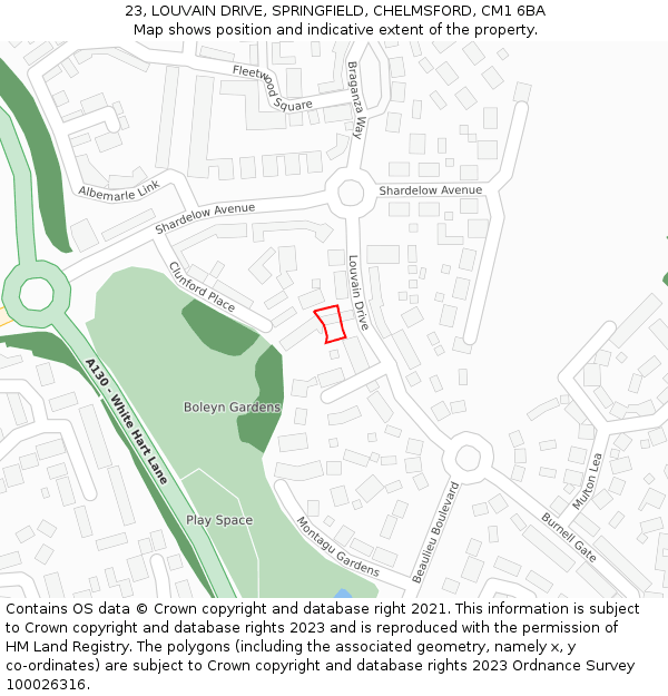 23, LOUVAIN DRIVE, SPRINGFIELD, CHELMSFORD, CM1 6BA: Location map and indicative extent of plot