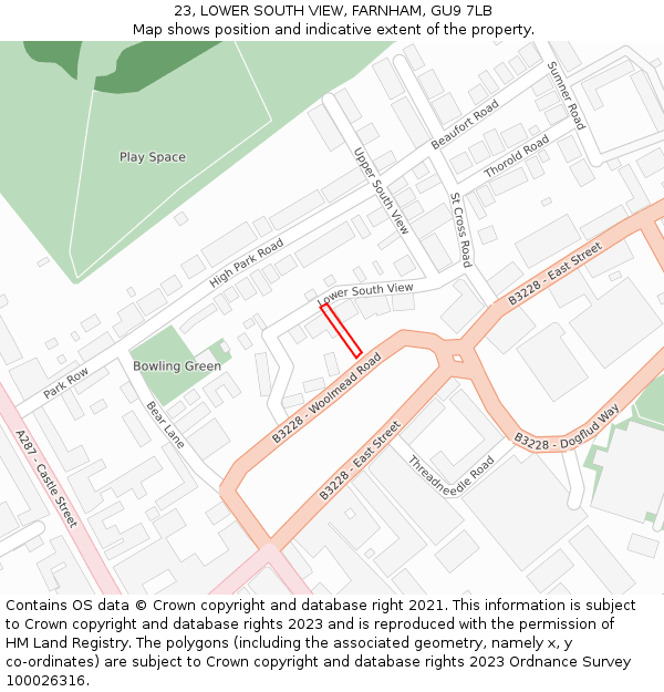 23, LOWER SOUTH VIEW, FARNHAM, GU9 7LB: Location map and indicative extent of plot