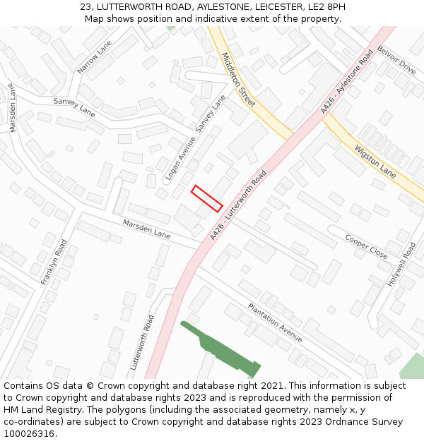 23, LUTTERWORTH ROAD, AYLESTONE, LEICESTER, LE2 8PH: Location map and indicative extent of plot