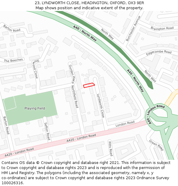 23, LYNDWORTH CLOSE, HEADINGTON, OXFORD, OX3 9ER: Location map and indicative extent of plot